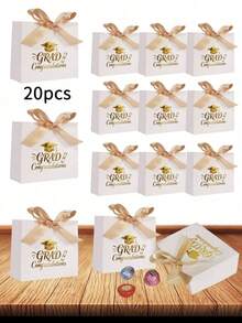 10個/1個/小型畢業禮物袋/盒 (附緞帶)，適合裝小物品。非常適合節日派對和畢業季節。[白色] - 白色+金絲帶[畢業帽子] - 查看 10