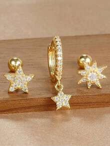 3pcs/Set Boucles d'oreilles pendentif étoile & lune plaquées or 18K, style femme, incrustées de zirconium cubique, boucles d'oreilles à tige en cuivre et acier inoxydable, boucles d'oreilles à vis, bijoux de perçage du cartilage - Ensemble de boucles d'oreilles 3 pièces - Voir 5