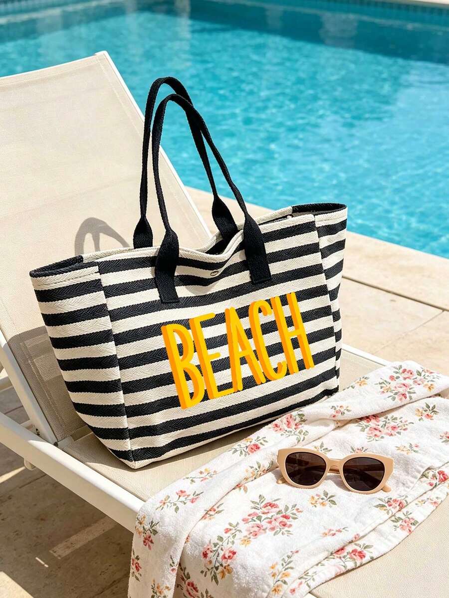 大容量黑白條紋海灘托特包，印有「BEACH」標誌，可摺疊帆布肩背包，防水防沙，適合旅行、夏季海灘度假、泳池派對、購物及日常使用，適用於女性、學生、通勤者和旅行者，適合春假、復活節、母親節、開學、畢業、假期和禮物