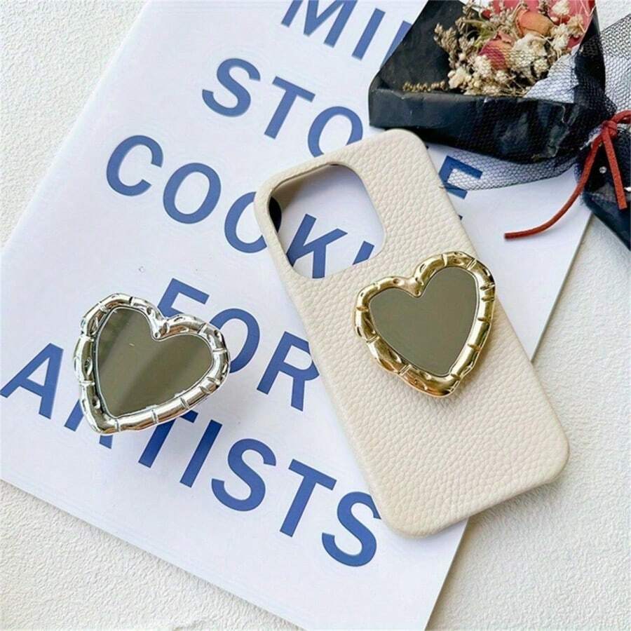Heart-Shaped Solid Color Niche Desktop Stand, Retractable Phone Holder, Creative Phone Stand, Heart-Shaped Mirror Portable Makeup Mirror, Exquisite Phone Accessory, Adhesive Phone Stand, Daily Essential - Multicolor - View 1