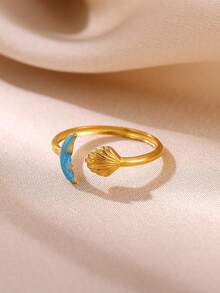 1 pezzo Anello raffinato a forma di conchiglia e coda di pesce, stile da donna, anello a conchiglia, anello a coda di balena, anello aperto regolabile in acciaio inossidabile placcato oro 18K, accessorio di moda stile vacanza estiva al mare - coda di mollusco - Visualizzare 8