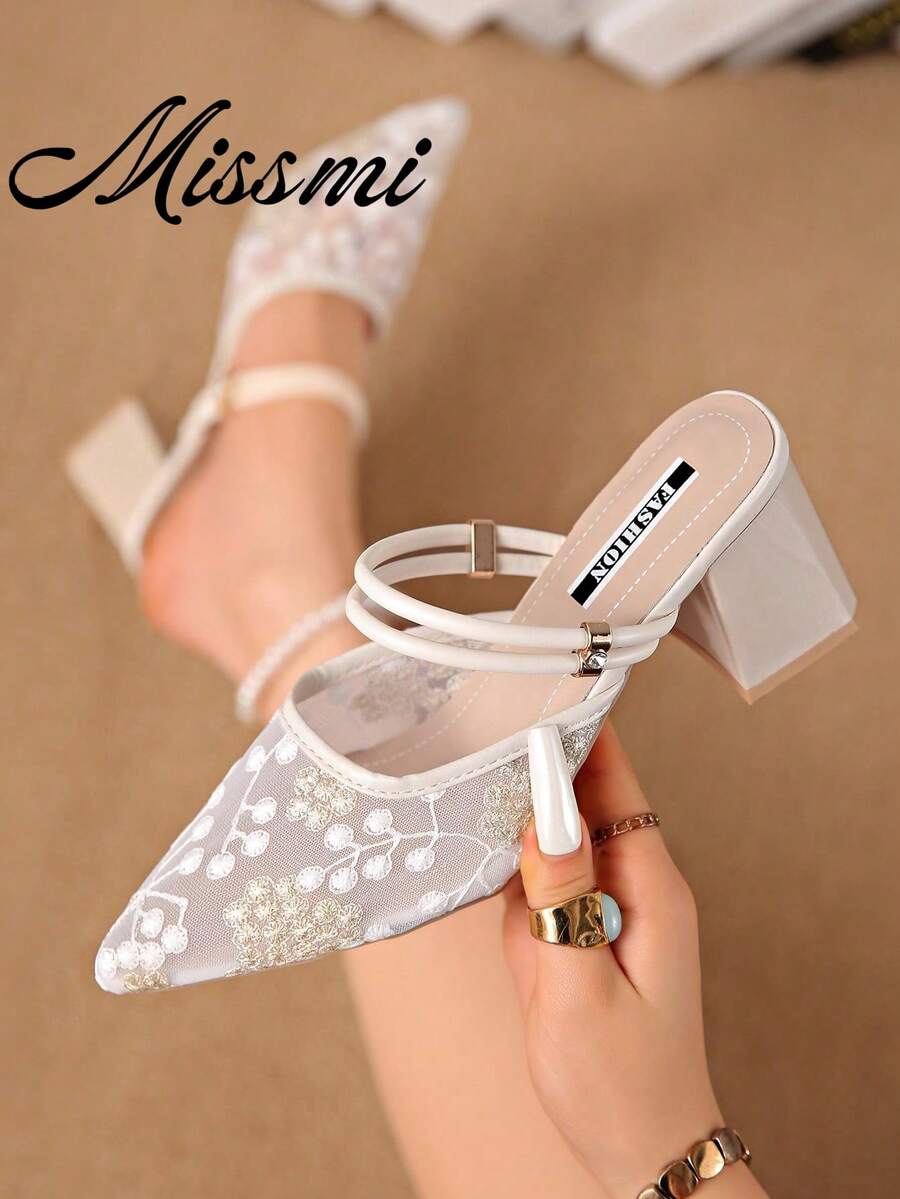 Summer New Rhinestone Fashion Mesh Elegant Ankle Strap High Heel Sandals For Women,Chunky Heels - Beige - View 1