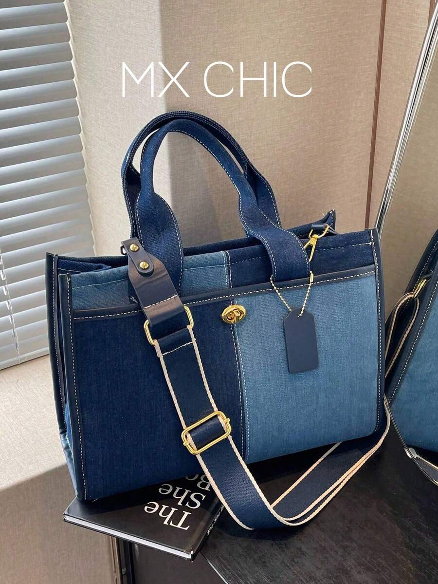 休閒優雅拼色牛仔女款手提包,寬肩帶單肩斜跨包,大容量時尚托特包,藝術風格後背包,適合女性或學生,可裝書籍、購物、返校等用途 - 藍色 - 查看 1
