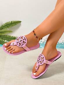 2026 Nuevas sandalias tipo flip-flop planas con diseño hueco para mujer talla grande - Casual versátil - Nueva llegada de verano - Cómodo casual - Uso diario - Vacaciones en la playa - Diseño hueco - Estilo de punta abierta - Zapatos planos - Caqui - Tacón bajo - Estilo casual - Desplazamiento al trabajo - Celebración de fiesta - Verano - Beige, Negro, Blanco, Rojo, Dorado, Plateado, Marrón, Material sintético - Rosa - Ver 3