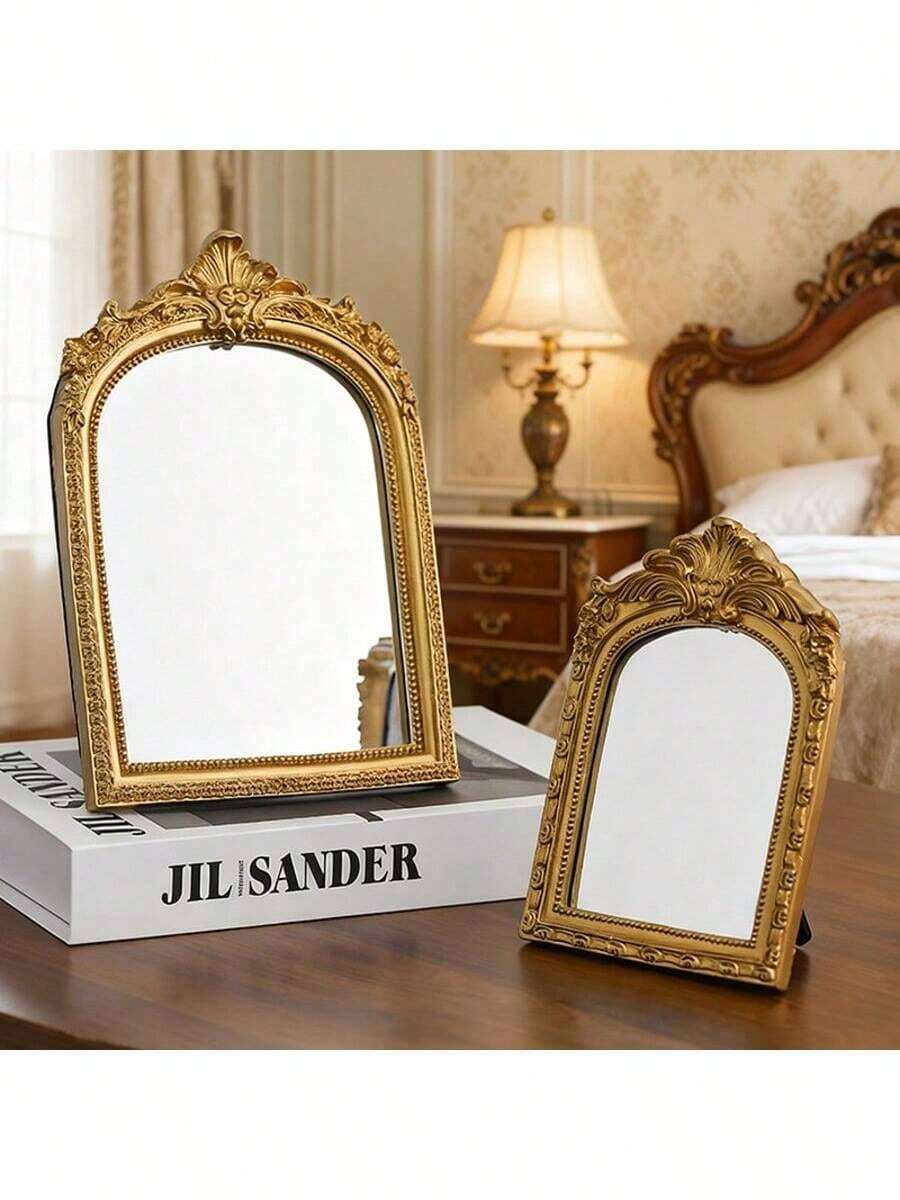 1pc Baroque Style Arched Carved Mirror, Decorative Vanity Mirror For Home, Living Room, Bedroom