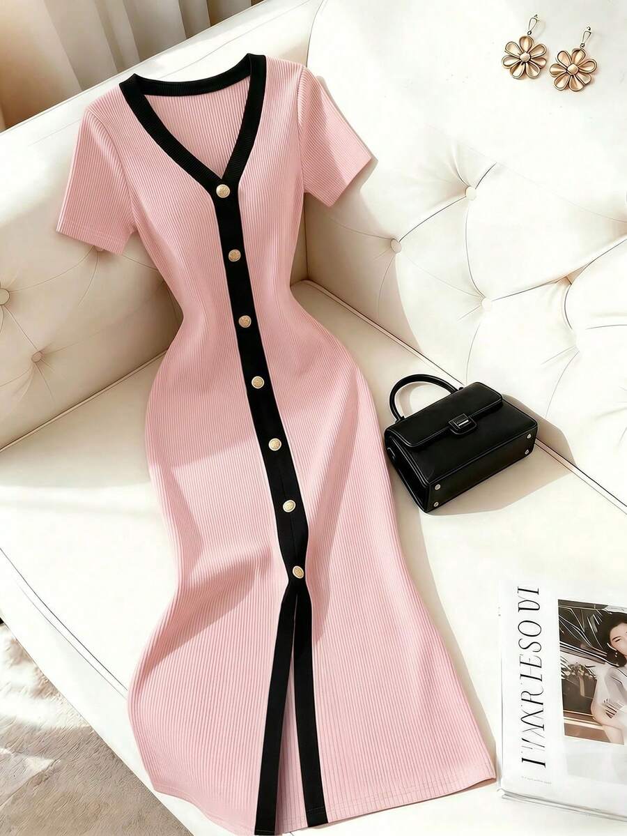 2026 Vestido informal/de trabajo para mujer, estilo francés, con escote en V, ribete de rayas verticales, botones y abertura frontal en el dobladillo. - Rosa - Ver 1