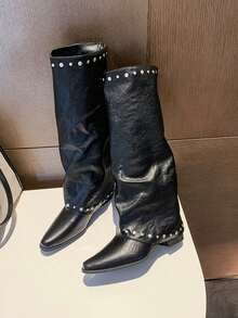 Vintage Rivet High Shaft French Women's Boots, Versatile Western Style Riding Boots, Tall Boots For Petite Women - Black - View 4