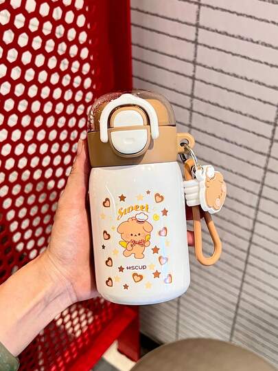 Children's Insulated Vacuum Cup, Highly Attractive Design For Boys And Girls, Dual-Drinking Straw Water Bottle, Student Portable With Carrying Strap, White