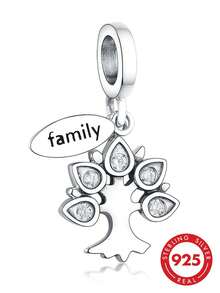 RADIVIDE 1pc 925 Sterling Silver Family Tree Pendant Charm, Inlaid With Transparent Cubic Zirconia Leaf Engraved Family Tag Pendant Bead, Suitable For European Style Bracelets, Family - Silver - View 2