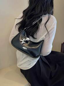 輕奢小眾極簡高級女款腋下包，百搭通勤純色鍊條肩背斜背半月包 - 黑色 - 查看 4