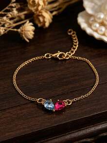 Vintage Palace Style Colorful Gemstone Teardrop Bracelet, Luxury Contrast Color Artificial Diamond French Elegant Thin Chain Bracelet, Women's Fashion Bracelet - Gold - View 10