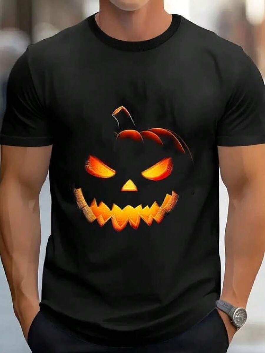 [Camiseta Gráfica de Halloween] Camiseta Gráfica de Cara de Calabaza Jack-O'-Lantern - Camiseta de Halloween para Hombre, Negra con Brillo Naranja, Corte Holgado, Cuello Redondo, Atuendo Cas - Negro - Ver 1