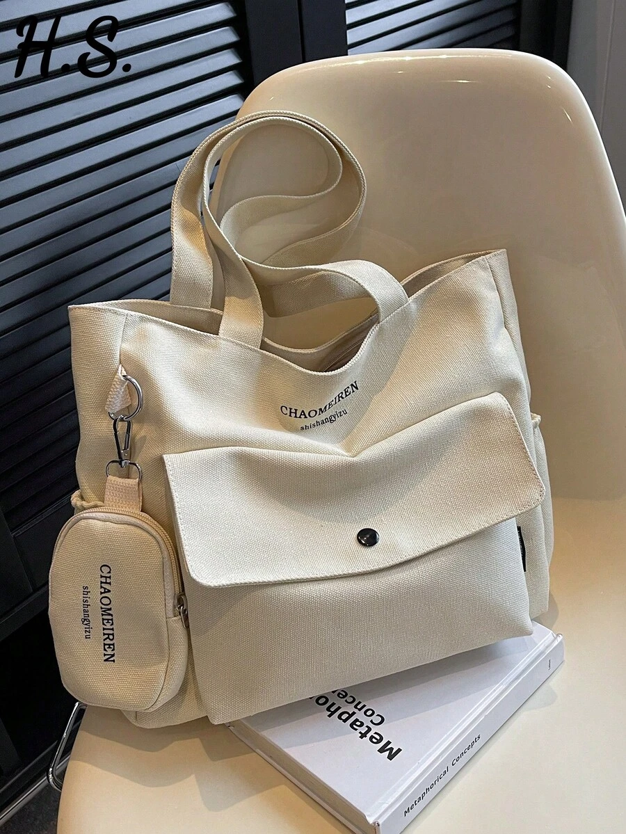 2pcs/Set Fashion Beige & White Canvas Bag With Coin Purse, Large Capacity Shoulder Bag, Casual Multi-Pocket Women Tote Bag, Suitable For Daily Use, Letter Print Shoulder Strap, College Style, Suitable For School, Short Trip, Street Shopping
