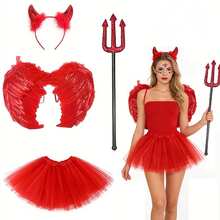 Set Kostum Setan Kecil Merah Halloween 4pcs/Set, Termasuk Bando Setan Merah, Sayap Merah, Garpu Setan, Rok Tulle Merah, Cocok Untuk Acara Liburan, Pesta Tema, Pesta Topeng, Pertunjukan Panggung, Kostum Halloween, Properti Cosplay - beraneka warna - View 1