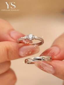 2件組立方鋯石情侶戒指 婚戒 訂婚戒指 我愛你 情人節禮物 電鍍金珠寶飾品 愛情禮物 - 銀色 - 查看 4