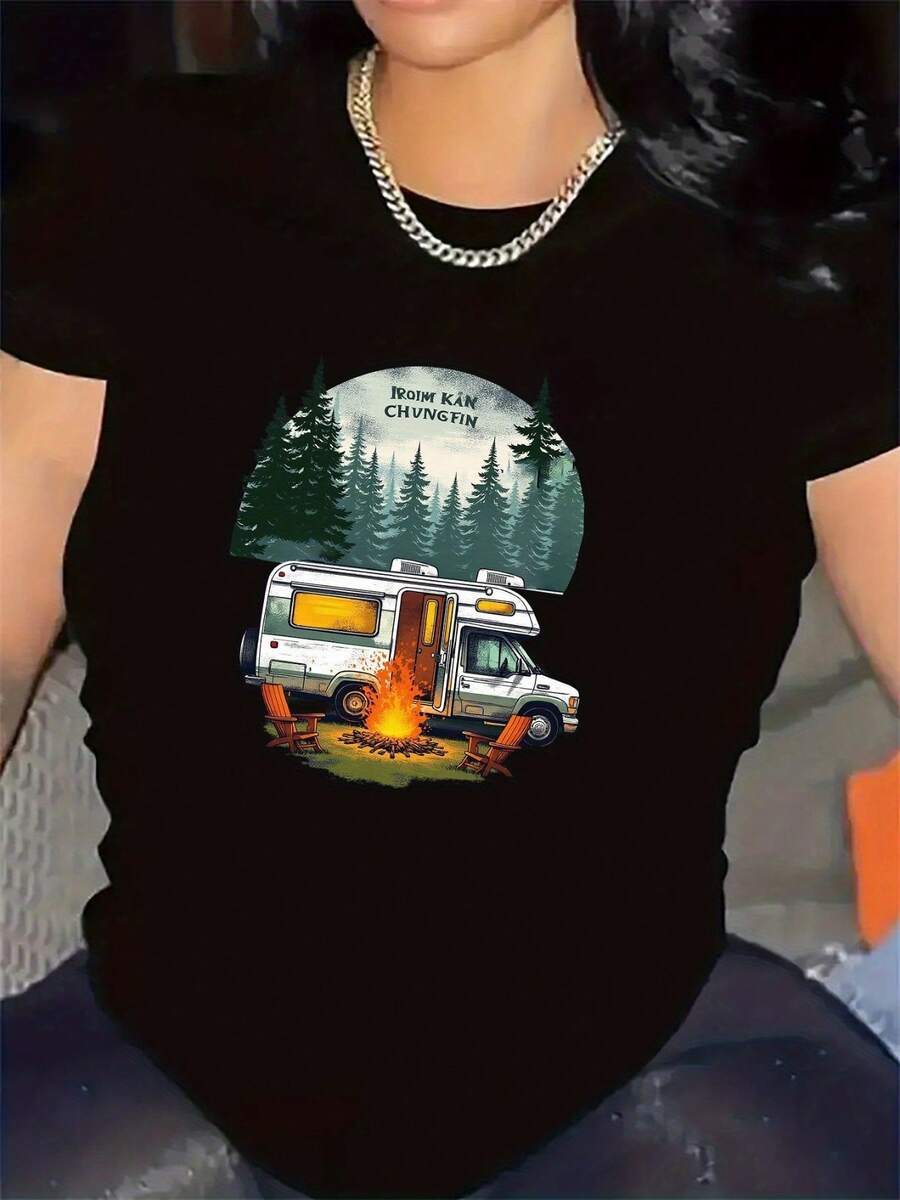 Camiseta de Manga Corta de  para Camping al e , Duradera y Ligera, I para Vies, con Diseño Gráfico, uste Cómodo, Perfectara Uso Diurno en Entornos les