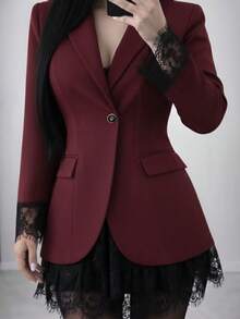 Women's Fashionable Casual Commuter Elegant Dark Red Lace Patchwork Cuff Blazer, Suitable For Workplace And Party Outfits - Burgundy - View 1