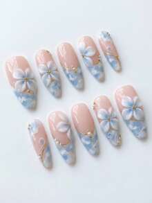 10 PCS Handmade Medium Almond Press On Nails, 3D White Floral & Leopard Print French Tip With Nail Charms, Removable Reusable Nail Supplies Set (Jelly & Nail File Incl.) - Baby Blue - View 4