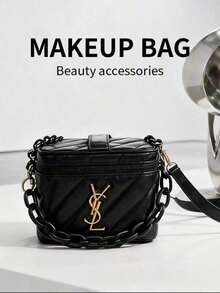 Yves Saint Laurent 黑色絎縫化妝包附內置鏡子，迷你多功能化妝收納袋，含DIY可拆卸肩帶，便攜手提斜背三合一美妝收納包，適合女性日常旅行，生日節日禮物，YSL風格 - 黑金色 - 查看 4