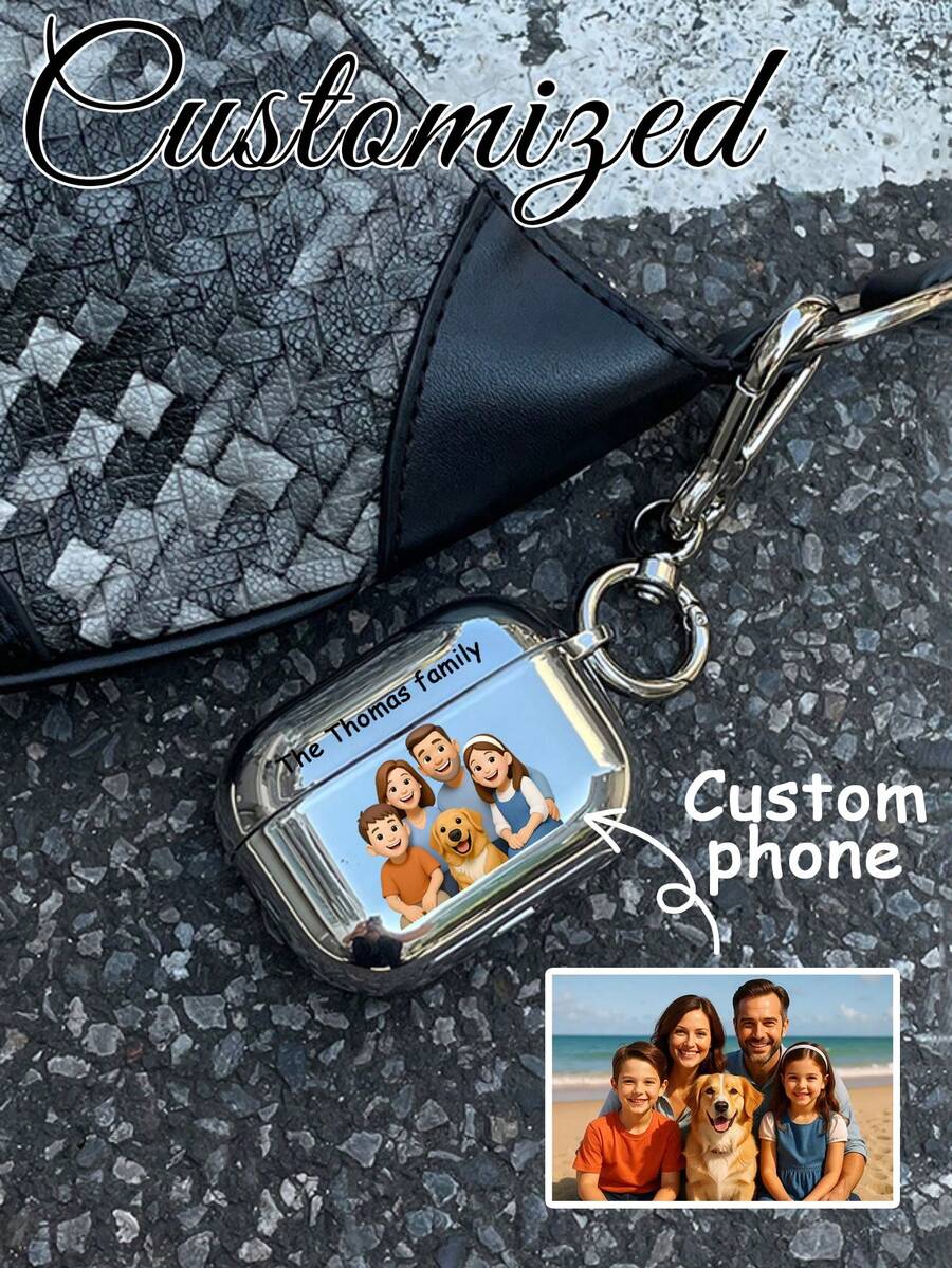 1 pieza Funda de auriculares personalizada con retrato de dibujos animados chapada en plata, nombre personalizado, minimalista, tema personalizado, artículo de moda, opción de regalo ideal - Multicolor - Ver 1
