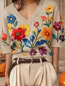 女款 V 領花卉刺繡圖案休閒百搭日常穿著針織上衣，夏季度假黃色 - 黃色 - 查看 3