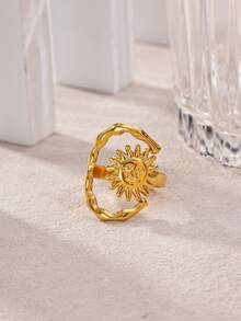 Fashionable Large C-Shaped Smiling Face Sun, Starfish And Coconut Tree Stainless Steel Ring, Gold Rust-Resistant Adjustable Finger Ring, Suitable For Women/Girlfriend/Best Friend, Summer Vacation Party Accessory, Exquisite Wedding Jewelry, Birthday Anniversary Gift - Multicolor - View 3