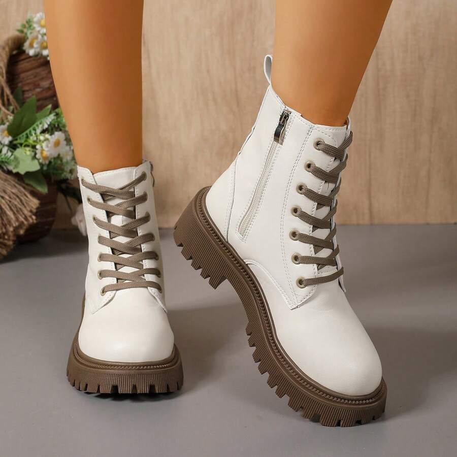 Women's Off White Contrast Brown Lace Combat Boots, Inner Side Zipper Chunky Lug Platform Mid Calf Moto Booties - White - View 1