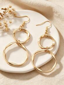 1 Pasang Anting Panjang Minimalis Bentuk Lingkaran Tak Terhingga, Desain Kreatif, Cocok untuk Pemakaian Sehari-hari Wanita - Emas - View 2