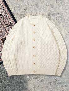 Men's Solid Color Cable Knit Textured Old Money Style Vintage Cardigan, Long Sleeve Slim Fit Outerwear, Apricot Short Knit Sweater Jacket, Autumn/Winter - Apricot - View 6