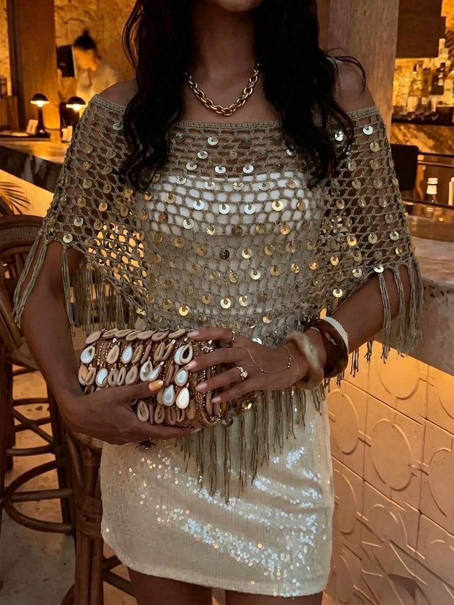 Sexy Hollow Out Fashion Multi-Way Wear Fitted Sequin Fringe Shawl, 2026 New Style, Women's Vacation Clothing, Summer Holiday, This Khaki Shiny Knit Hollow Out Shawl Is Perfect For Beach Vacation, Dating Casual Outings, Music Festivals And Various Holiday Activities. - Maroon - View 1