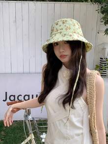 1件女款印花可翻面漁夫帽，甜美田園風防曬沙灘帽，附防風繩，透氣可摺疊，適合夏季度假旅行、海邊野餐、蜜月郵輪、Coachella音樂節，Y2K美學頭飾配件，日節日禮物、時尚禮物，女孩與女性的理想選擇 - 毛邊風格 - 查看 6