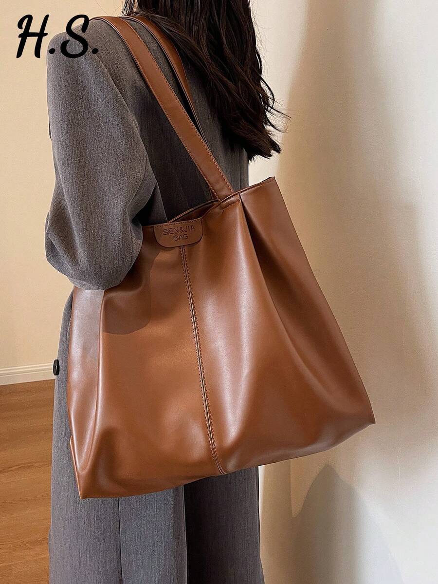 1pc Vintage Brown Shoulder Tote Bag, New Fashion Large Capacity Versatile Casual Underarm Bag, Soft PU Leather Shoulder Bag, Suitable For Daily Use, Work Commute, Shopping, College Student Class Bag - Brown - View 1