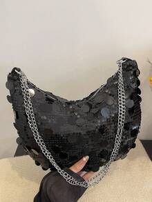 1pc Gold New Style PVC Sequin Crescent Moon Bag Women's Shoulder Bag Chain Shoulder Bag Dumpling Bag Metal Chain - Multicolor - View 6