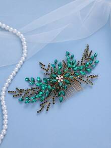 1pc Handmade Green Rhinestone Leaf Hair Comb, Elegant Bridal Hair Accessory For Wedding, Prom, Party - Green - View 3