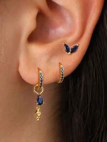 3pcs/Set Pendientes de acero inoxidable chapados en oro de 18K con forma de gota de agua triangular y circonita cúbica, regalo de joyería de moda creativa para fiestas de mujeres - Juego de pendientes de 3 piezas. - Ver 3