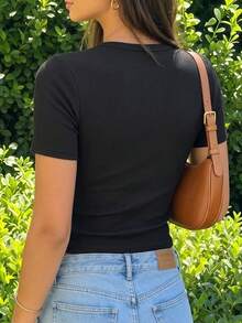 Solid Ribbed Crew Neck Short Sleeve Crop Tee, Slim Fit Basic Casual T-Shirt For Daily Summer Wear - Black - View 3