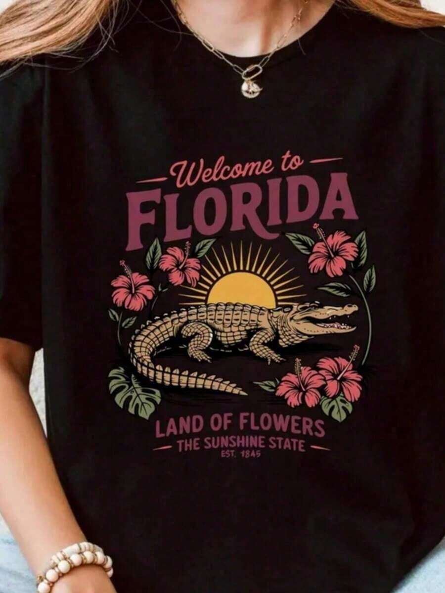 Camiseta de mujer con gráfico de cocodrilo y hibisco de Florida, cuello redondo informal tropical vintage, blusa de manga corta para verano, uso diario y vacaciones - Negro002 - Ver 1