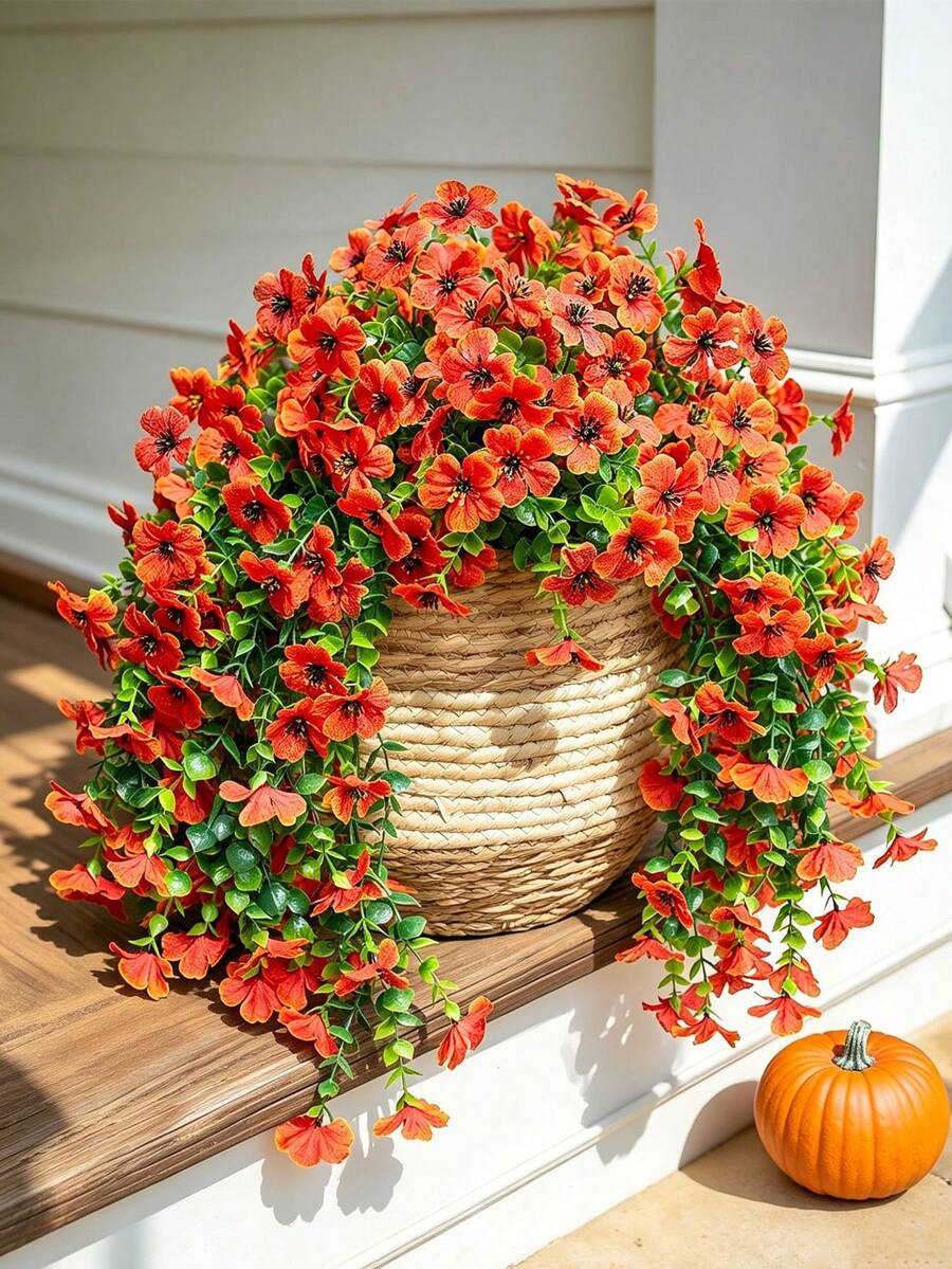 3er Set künstliche Herbstblumen, künstliche Chrysanthemen-Hängeblumen für den Außenbereich, orangefarbene Margeriten mit herbstlichen Eukalyptusblättern, realistische Pflanzendekoration, UV- und lichtbeständige Seidenblumen, geeignet für Veranda, Terrasse, Balkon, Blumentopf, Garten, Tischdekoration, Wohnzimmerfensterbank, Kaminsims, Thanksgiving, Ernte, Halloween-Dekoration