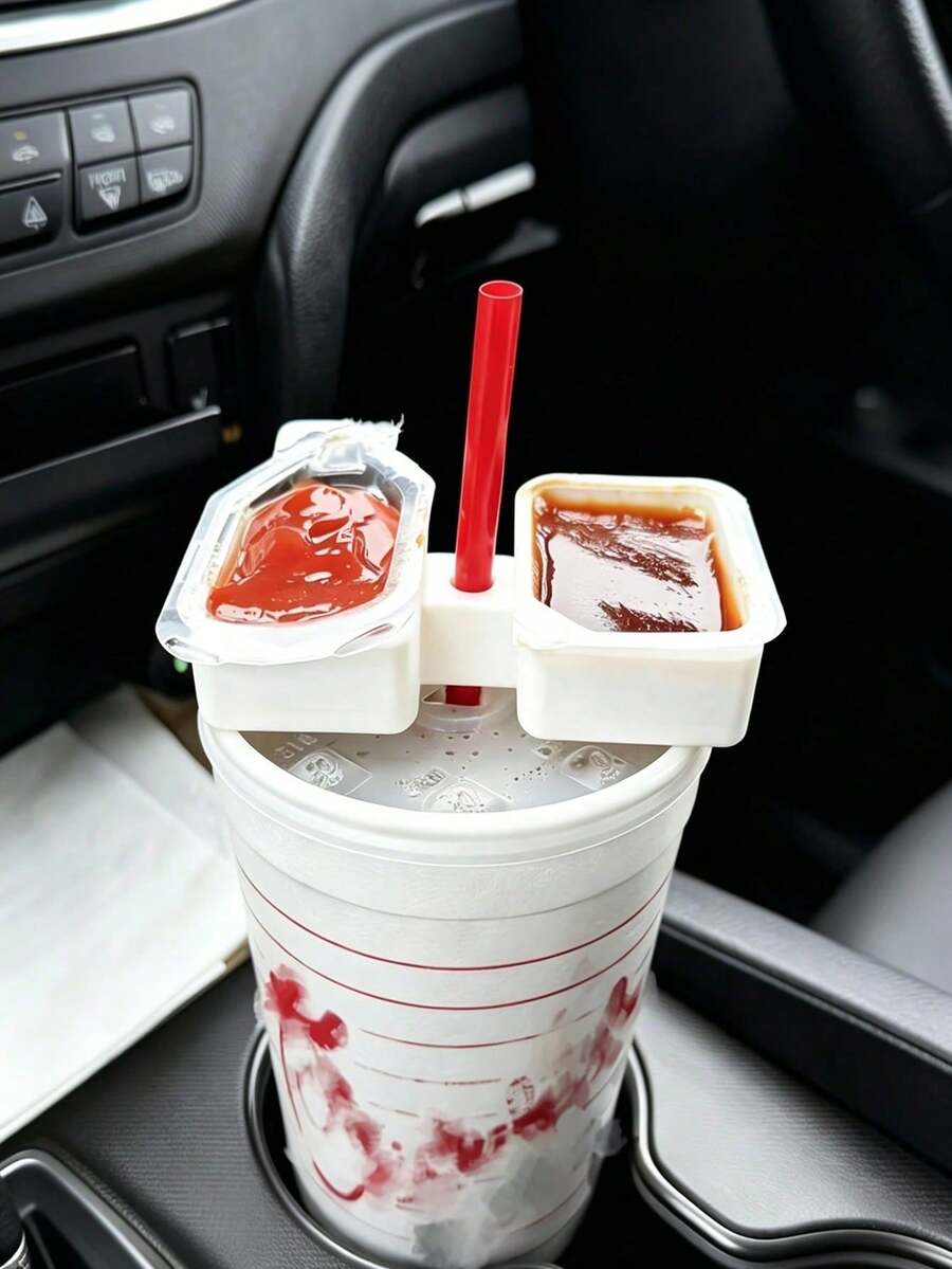 Universal Car Cup Holder Insert, 2-Compartment Dip Container, Suitable For Ketchup, Sweet And Sour Sauce, Road Trip Drive-Thru Fast Food Accessory, Driver Use - Multicolor - View 1
