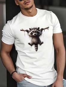 [New Products]Summer Men's Comfortable Breathable Round Neck Short Sleeve Solid Color Versatile Daily Casual T Shirt With Cute Hanging Raccoon Print - 白色 - 查看 6