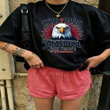 Heartfelt Daily Casual Graphic T-Shirt 100% Cotton Oversized Soft Breathable Casual Crewneck Short Sleeve Top Vintage Aesthetic Red White Checkered Shorts Patriotic Eagle Design For Casual Wearers Fashion Lovers Daily Outfit Enthusiasts Gift Givers - 黑色 - 查看 18