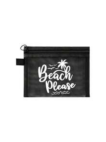 印有彩色「Beach_please」文字、椰子樹與海鷗圖案的沙灘網袋，沙灘主題 - 便攜式化妝包，大容量透明化妝包，可收納口紅與氣墊粉撲，海岸風格。輕巧易攜，耐用，夏威夷風格網狀化妝包，適合沙灘度假、夏季旅行、游泳、購物、健身、母親節、情人節、教師節、畢業季、開學季、齋月、女性旅行、短途旅行 - 彩色 - 查看 14
