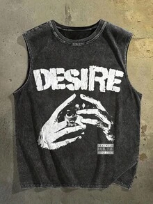 Herren sommer outfit streetwear pullover  Band-T-Shirt Vintage gewaschener Baumwoll-Tanktop, Hand-Auge Motiv Desire Schriftzug Grunge Retro ärmellose Sommerweste - Schwarz - Übersicht 1