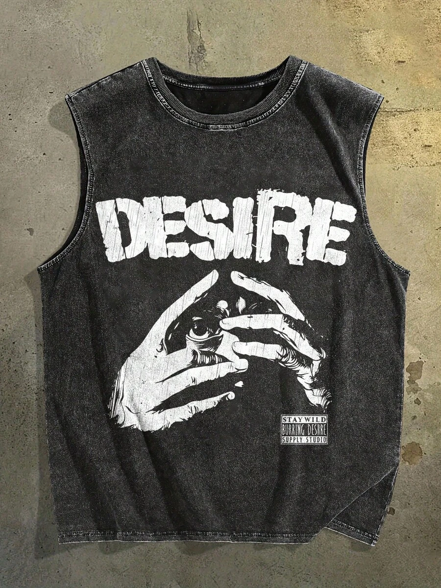 Herren sommer outfit streetwear pullover  Band-T-Shirt Vintage gewaschener Baumwoll-Tanktop, Hand-Auge Motiv Desire Schriftzug Grunge Retro ärmellose Sommerweste - Schwarz - Übersicht 1