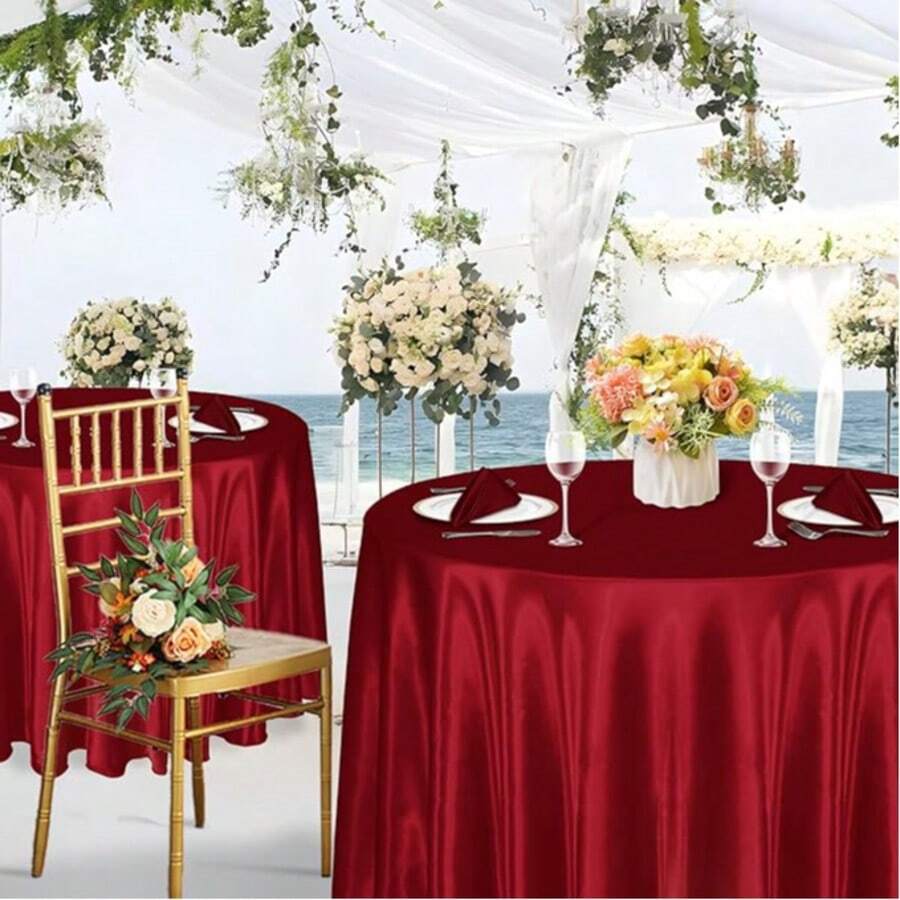 1pc Satin Round Solid Color Tablecloth, Suitable For Wedding Party Dining Banquet - Red - View 1