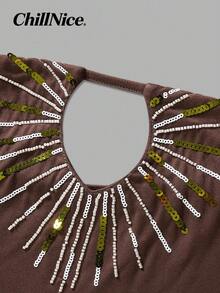 Women Summer Brown Elegant Non-Restrictive Matching Outfit, Hollow Out Tube Top & High Slit Ruffle Skirt, SuitableForStreetStroll &Holiday Sightseeing - Brown - View 4