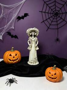 Elegant Halloween Skeleton Lady Statue, White Resin Catrina Skeleton Figurine, Day Of The Dead Home Desktop Decor Ornament - Multicolor - View 6