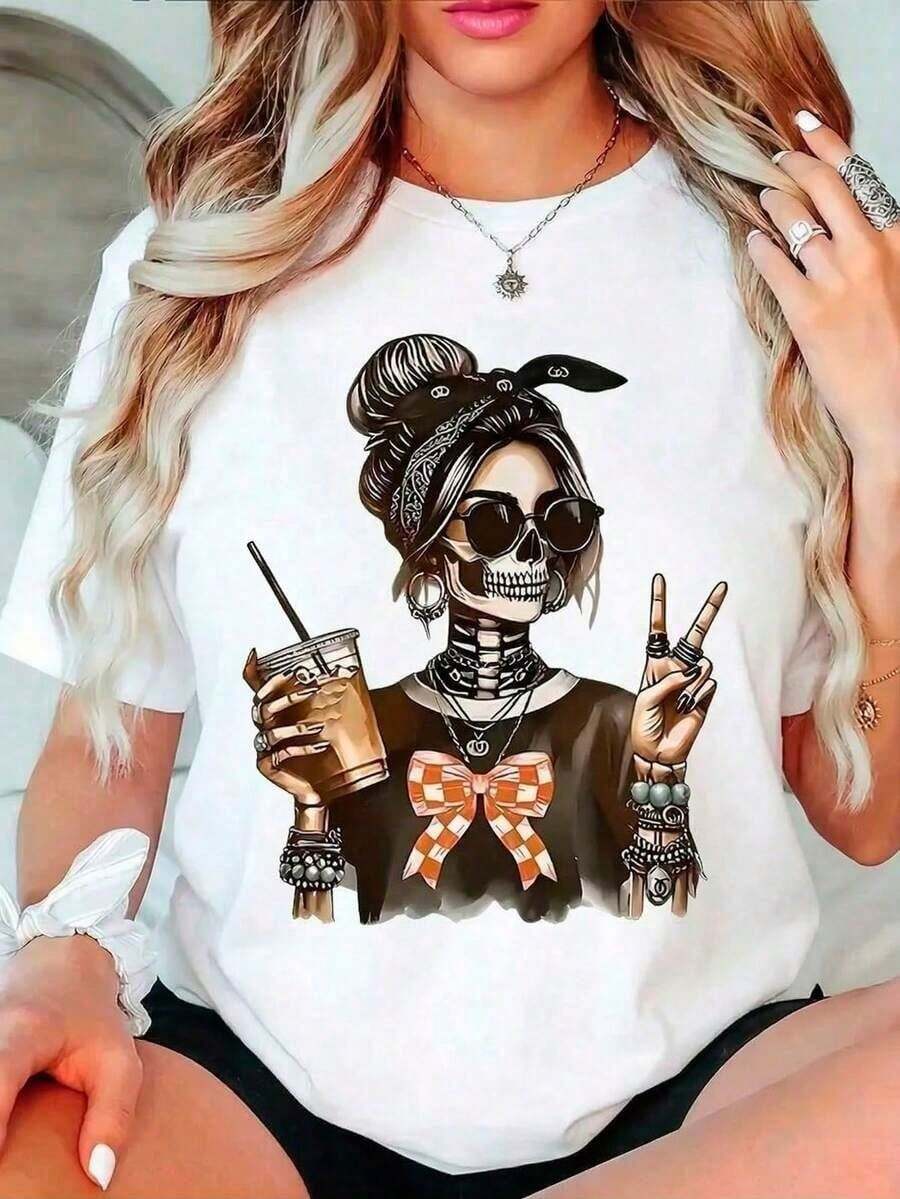 Pure Cotton Women's Gothic Style T-Shirt With Mexican Folk Art Catrina - Skeleton Drinking Coffee And Bow Design, Casual Short Sleeve Blouse For Day Of The Dead Outfits, Camisole - 白色的 - 查看 1
