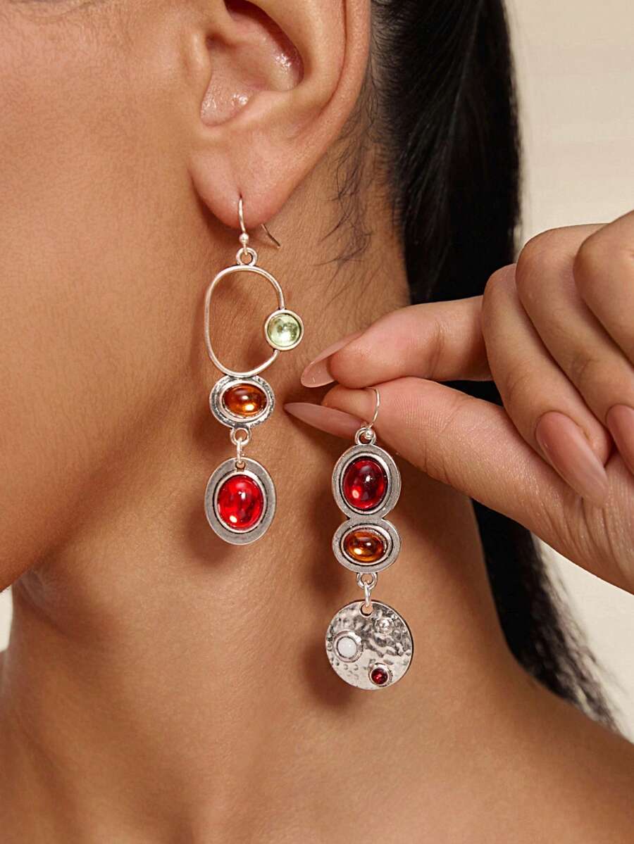 Altistry Retro Colorful Personalized Earrings, Creative Geometric Asymmetric Design, Handmade Earrings, For Women - Silver - View 1
