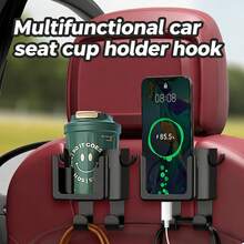 2Pcs Multifunctional Car Headrest Hook Cup Holder, Space Saving Dual Groove Storage Organizer, Solid Matte Plastic, Minimal Sleek Style, Heavy-Duty Auto Backseat Accessory For Hanging Bags Drinks & Daily Sundries - Multicolor - View 5